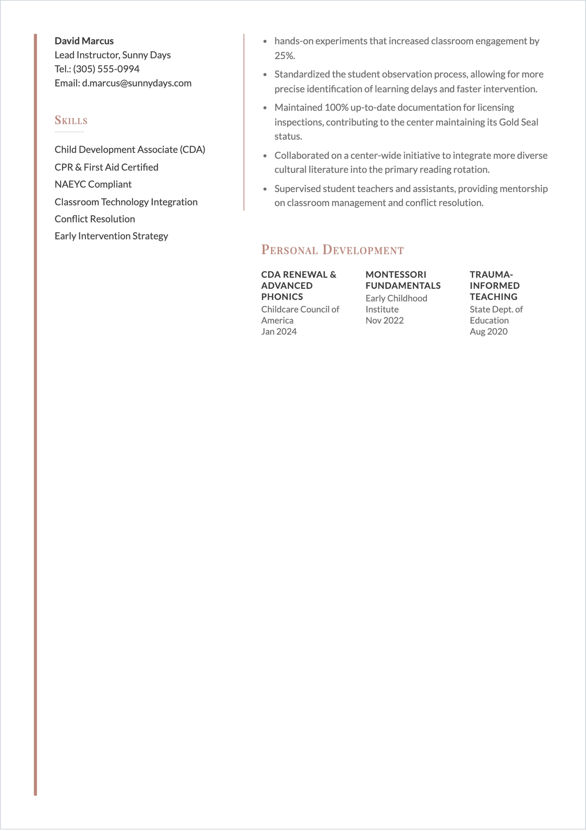 Free Preschool Teacher ATS Resume Template, AI Resume Builder