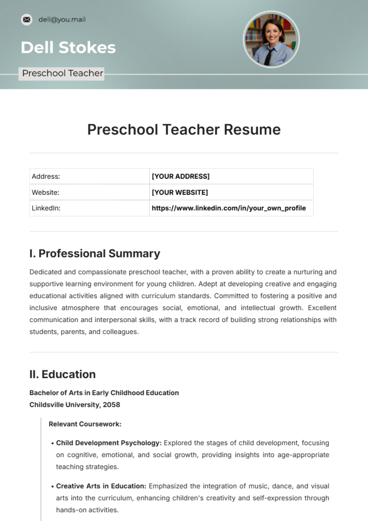 Preschool Teacher Resume Template - Edit Online & Download