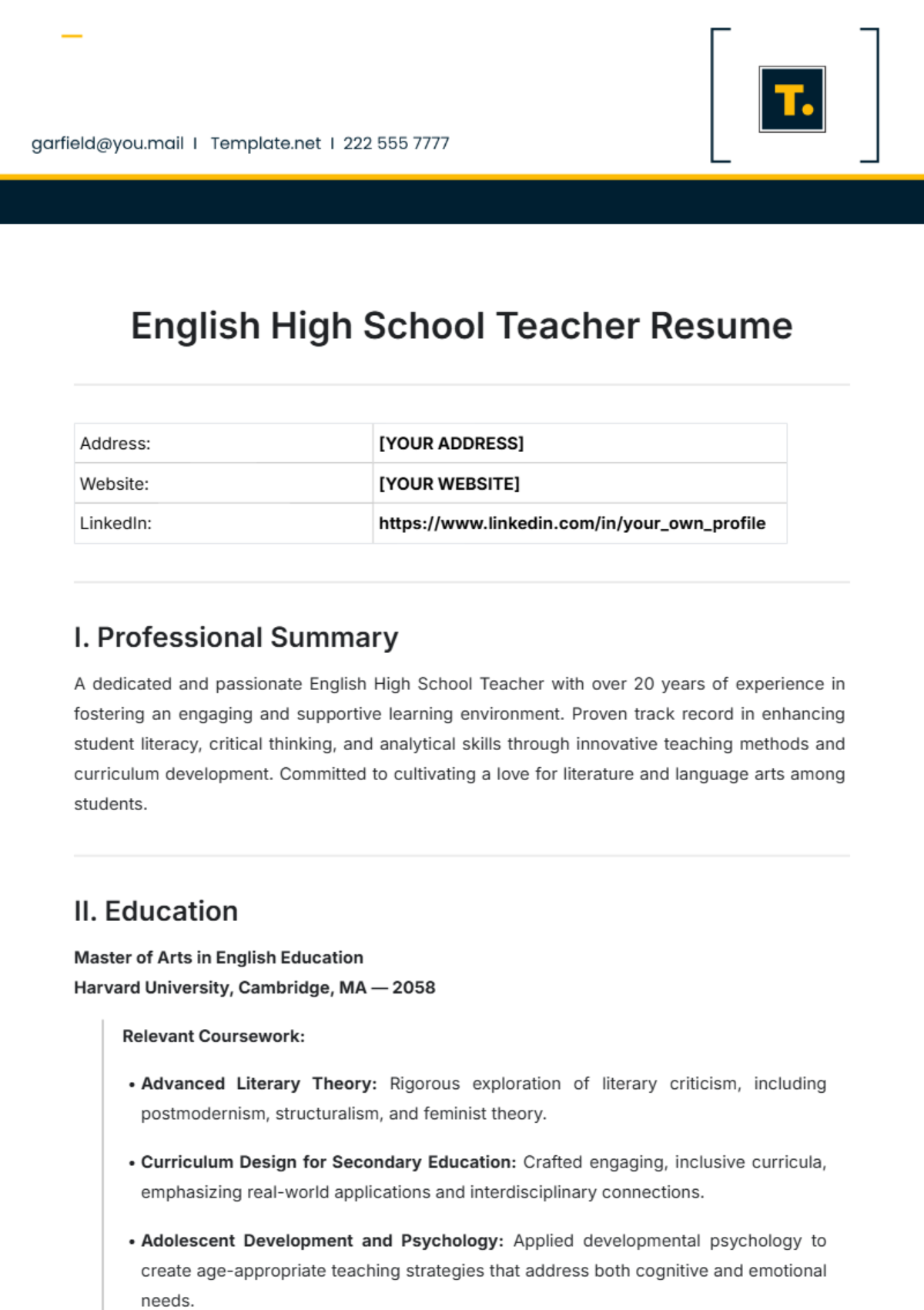 English High School Teacher Resume Template - Edit Online & Download