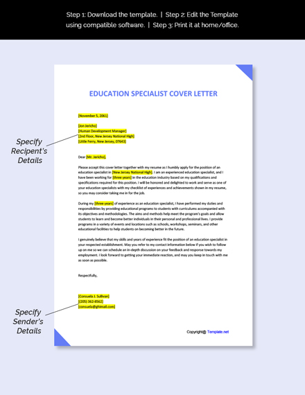 Education Specialist Cover Letter Template - Google Docs, Word, Apple ...