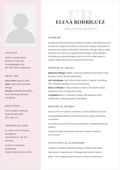Free Research Student ATS Resume Template, AI Resume Builder