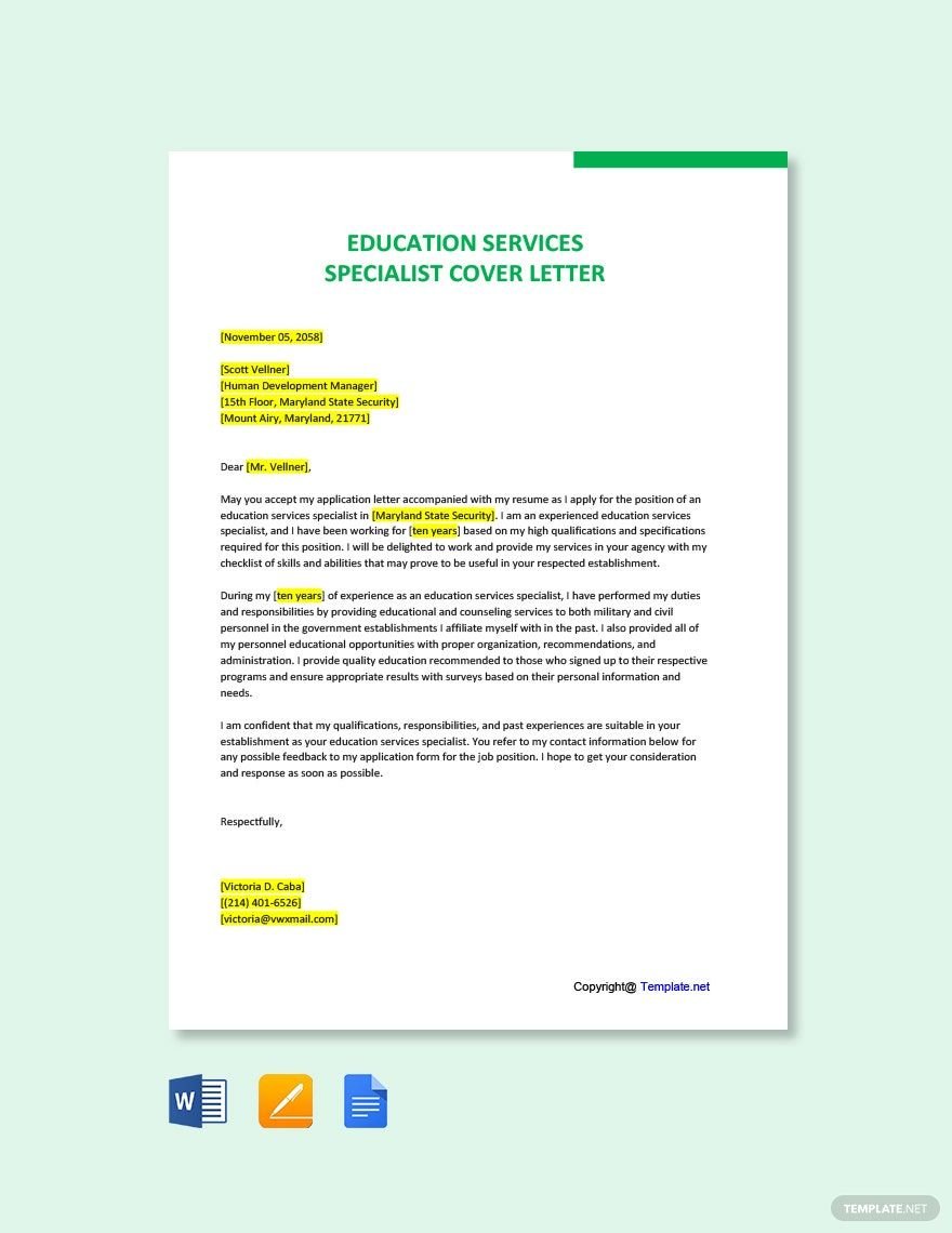 Education Services Specialist Cover Letter Template