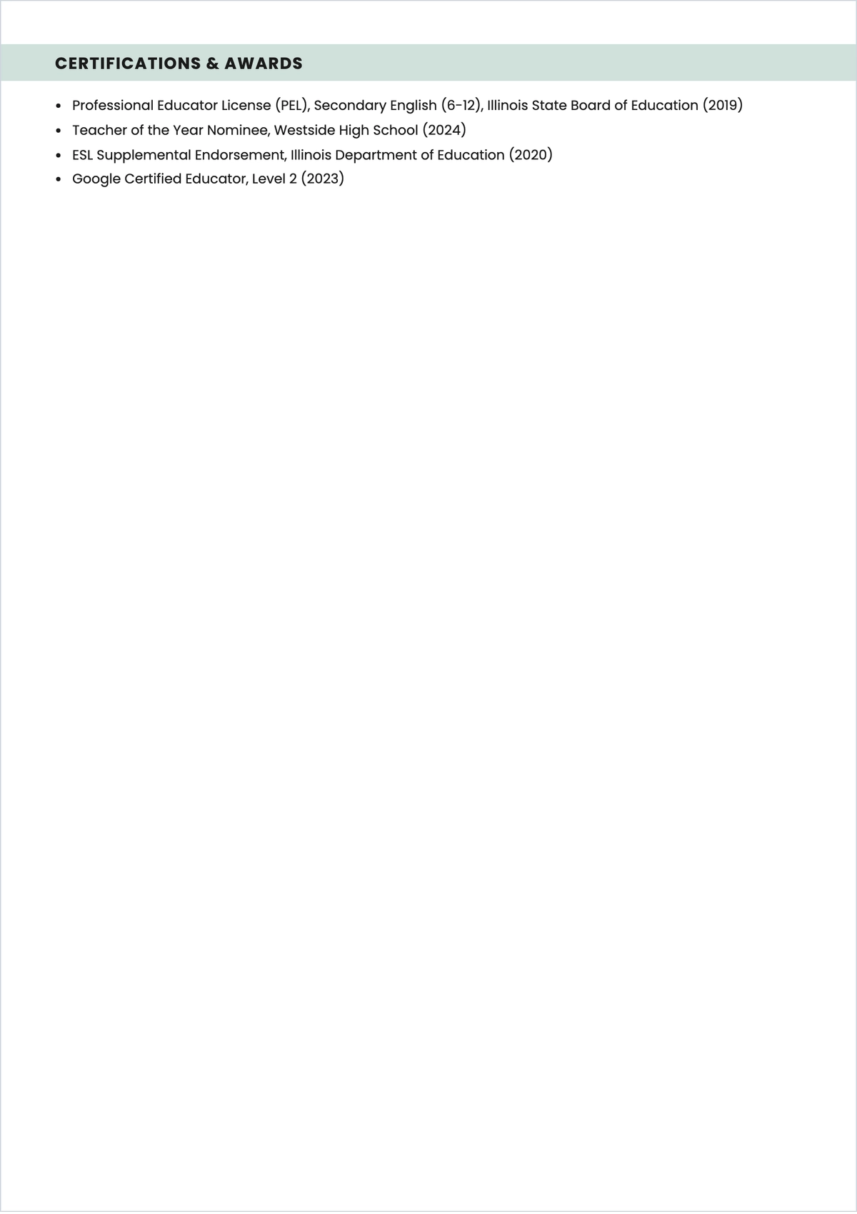 Free English Teacher ATS Resume Template, AI Resume Builder