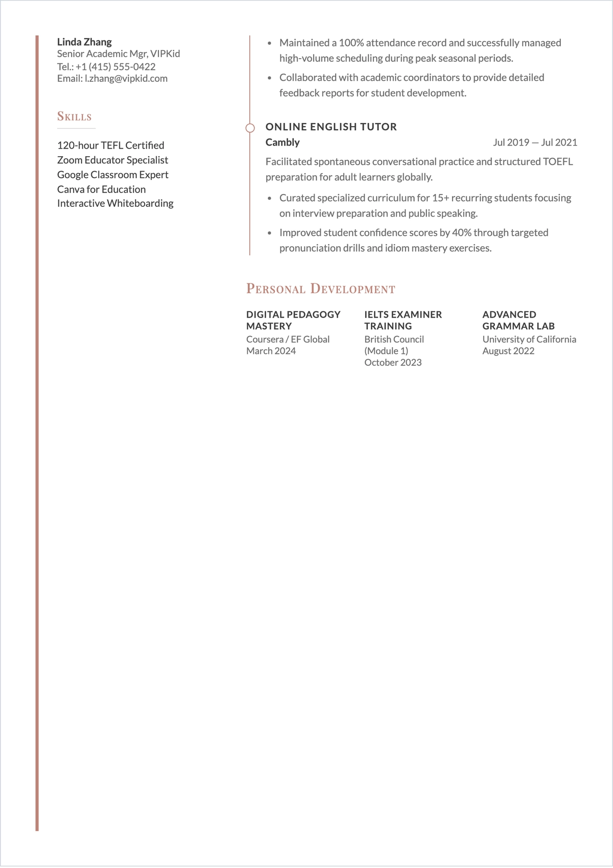 Free Online English Teacher ATS Resume Template, AI Resume Builder