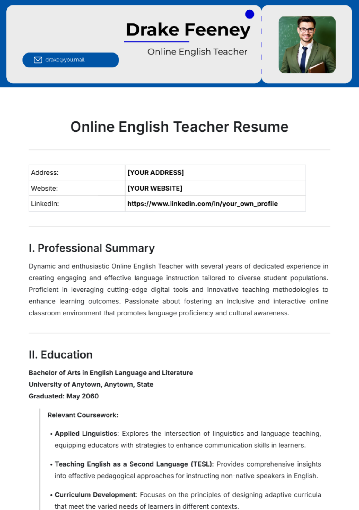 Online English Teacher Resume Template - Edit Online & Download