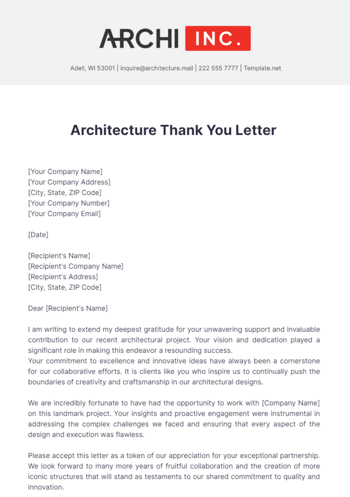 Architecture Thank You Letter Template - Edit Online & Download