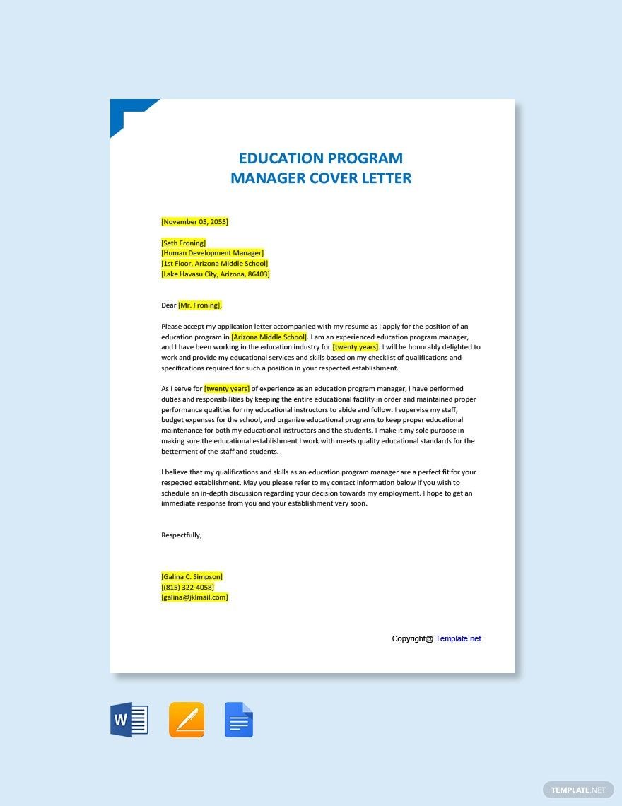 Free Education Program Manager Cover Letter Template