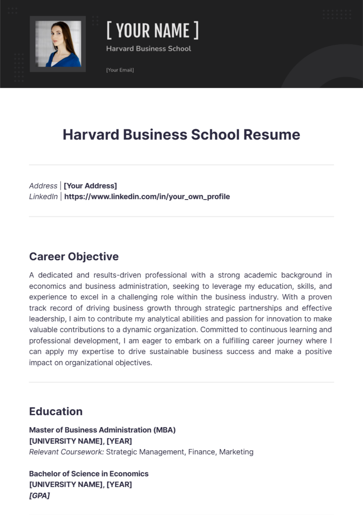 Harvard Business School Resume - Edit Online & Download