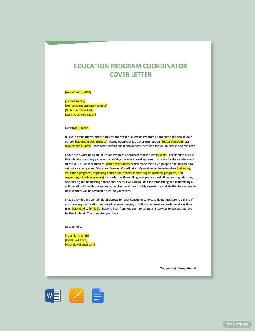 Free Education Program Coordinator Cover Letter Template