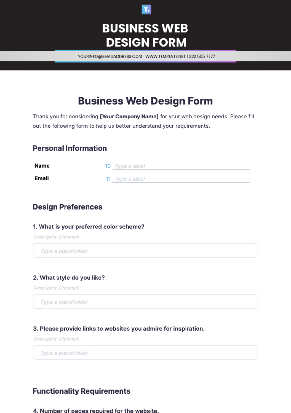 Business Web Design Form Template