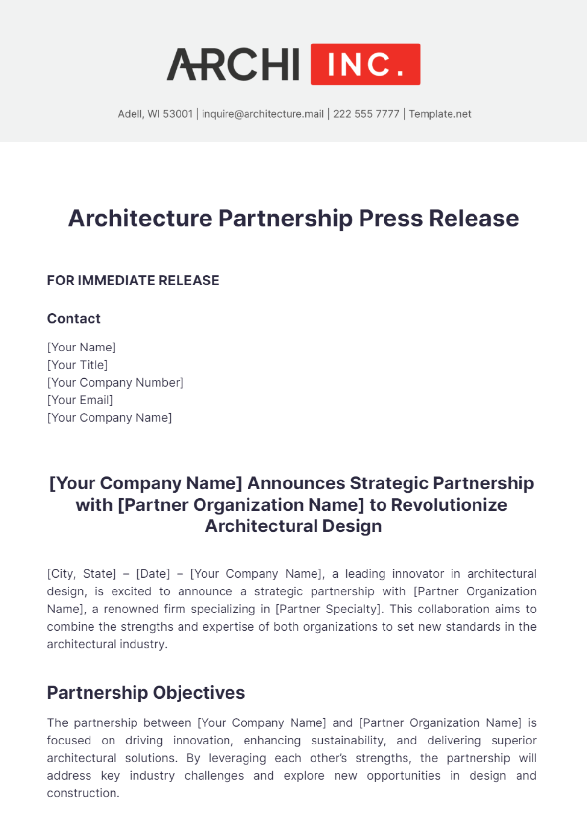 Architecture Partnership Press Release Template - Edit Online & Download