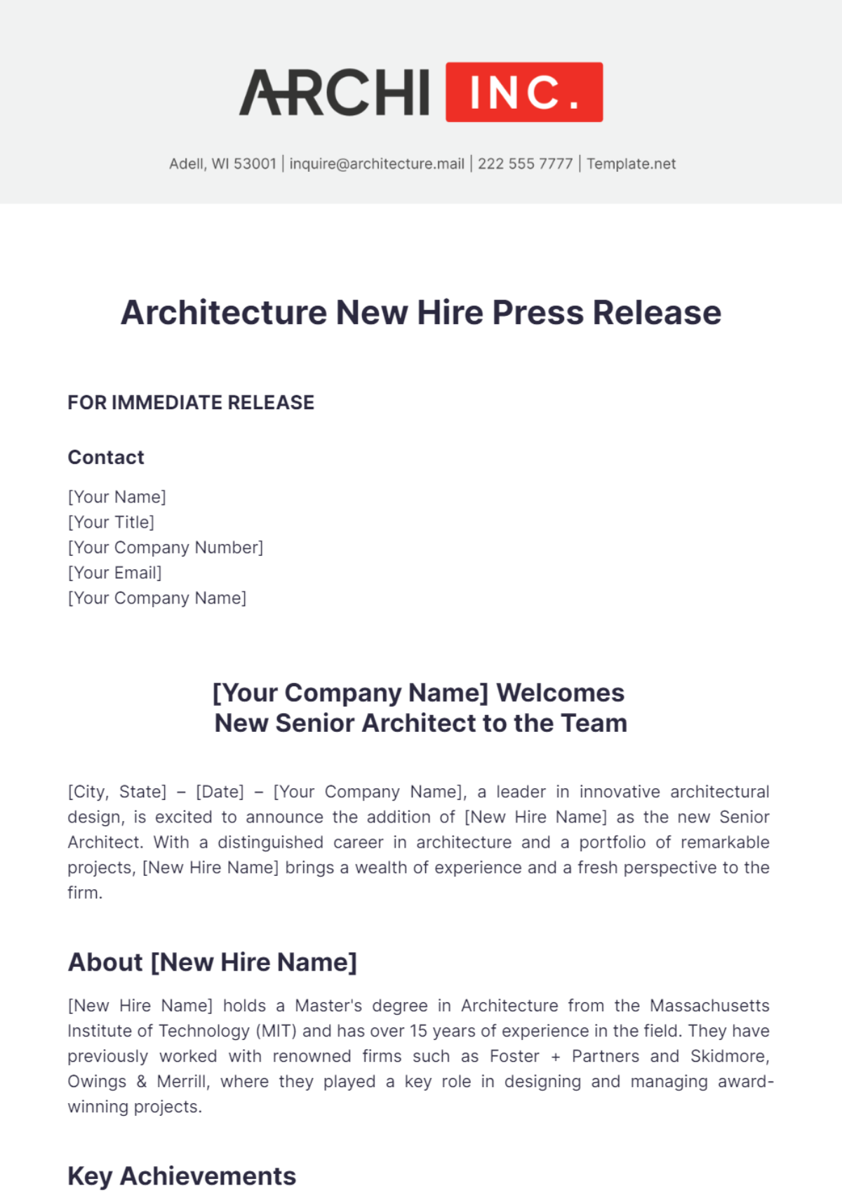 Architecture New Hire Press Release Template - Edit Online & Download