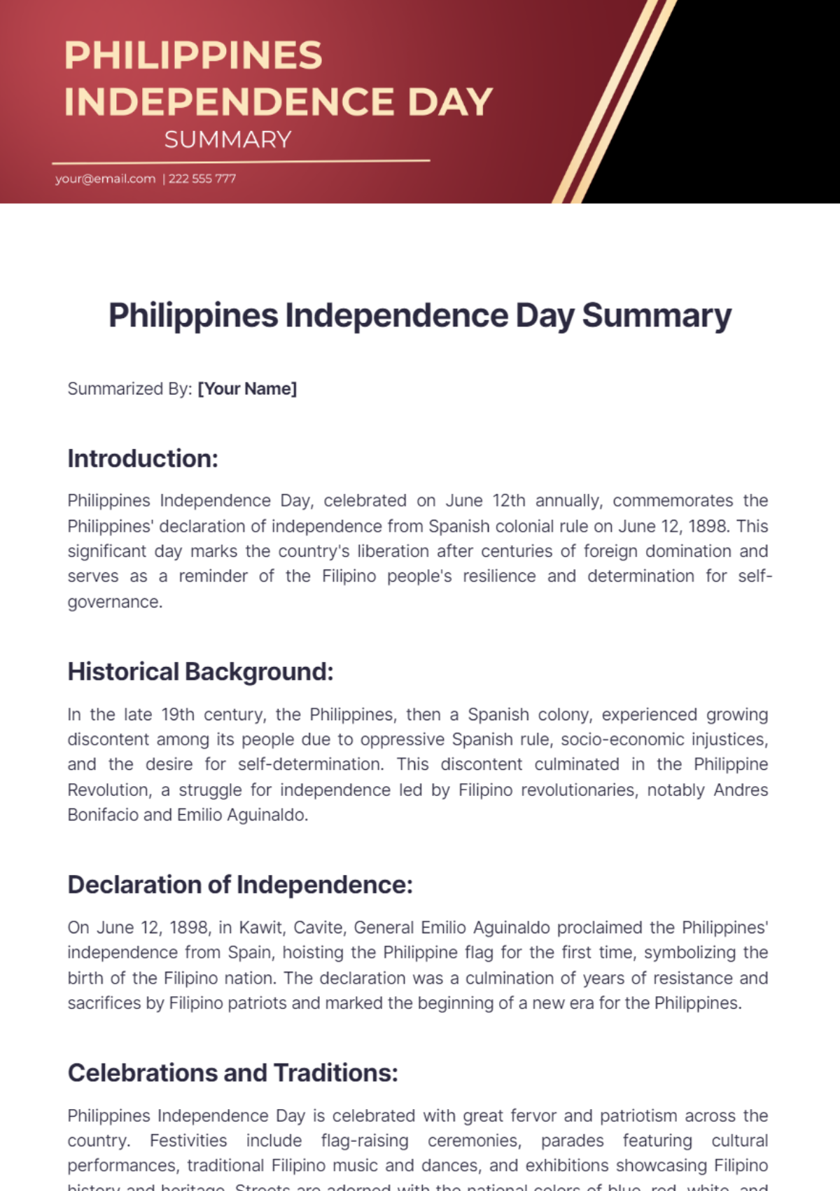 Philippines Independence Day Summary - Edit Online & Download