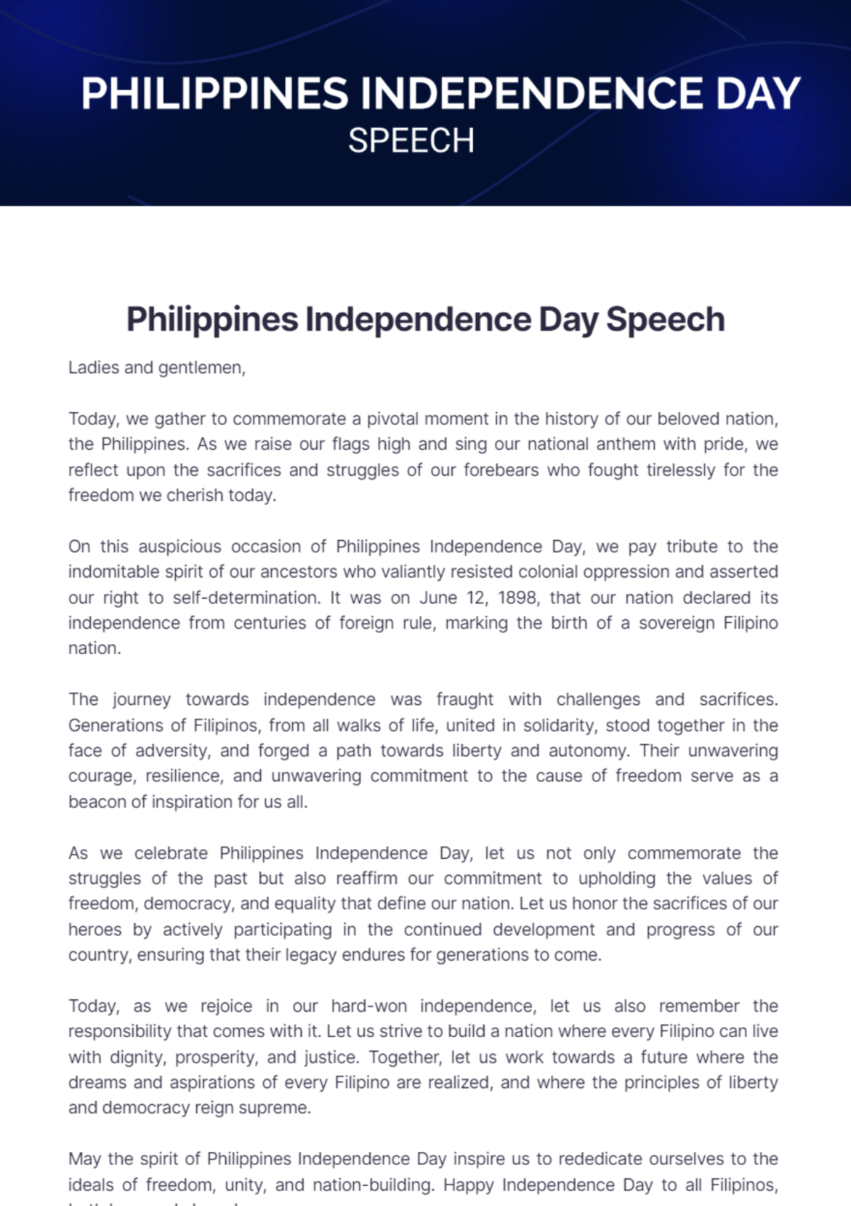 Philippines Independence Day Speech - Edit Online & Download