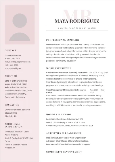 Free Social Work Student ATS Resume Template, AI Resume Builder