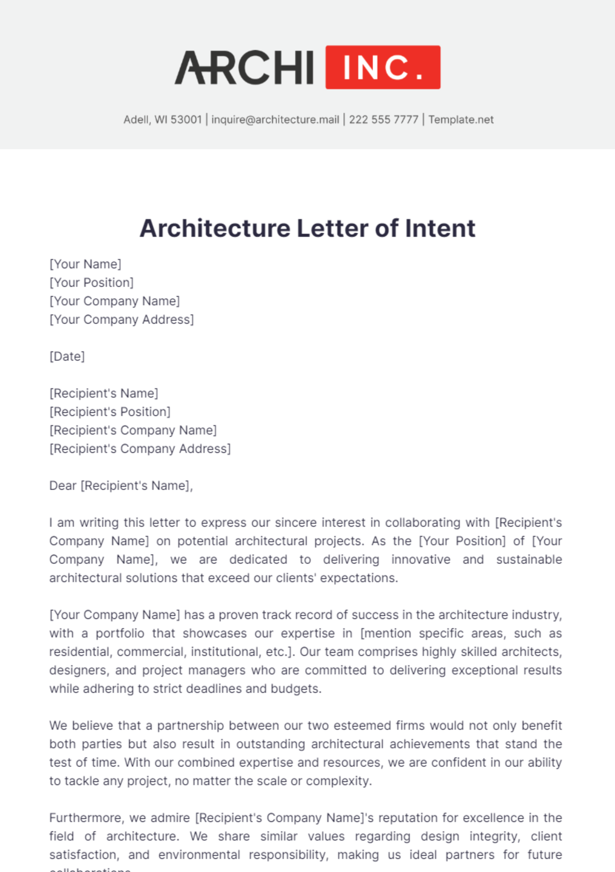 Architecture Letter of Intent Template - Edit Online & Download