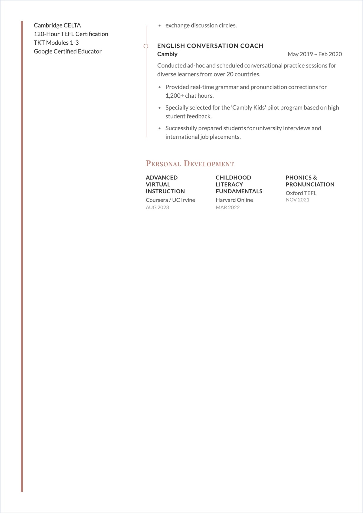 Free Online ESL Teacher ATS Resume Template, AI Resume Builder