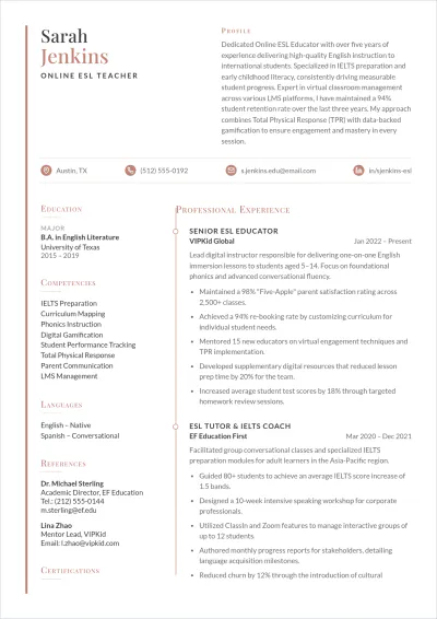 Free Online ESL Teacher ATS Resume Template, AI Resume Builder