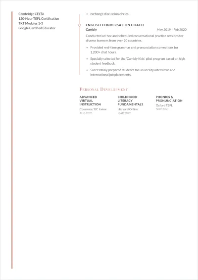 Free Online ESL Teacher ATS Resume Template, AI Resume Builder