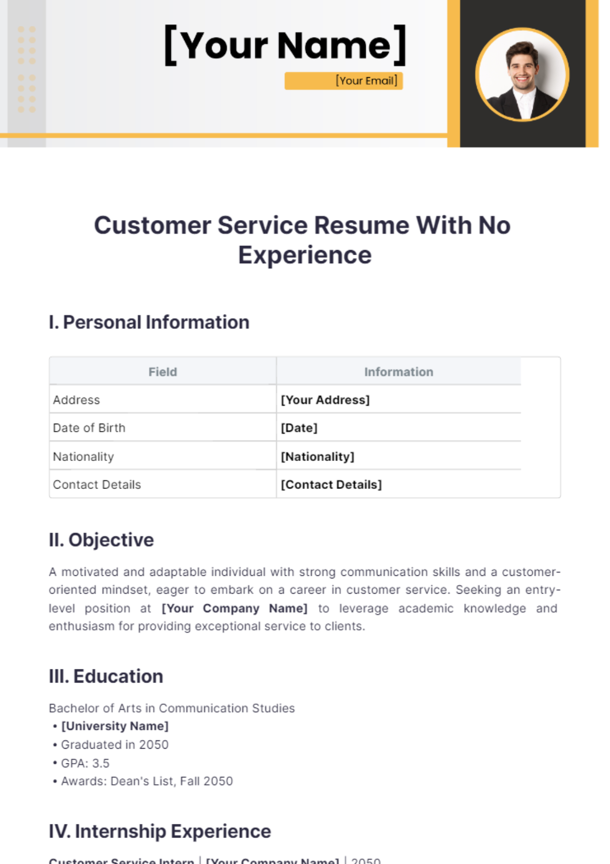 Customer Service Resume With No Experience Templates - Edit Online ...