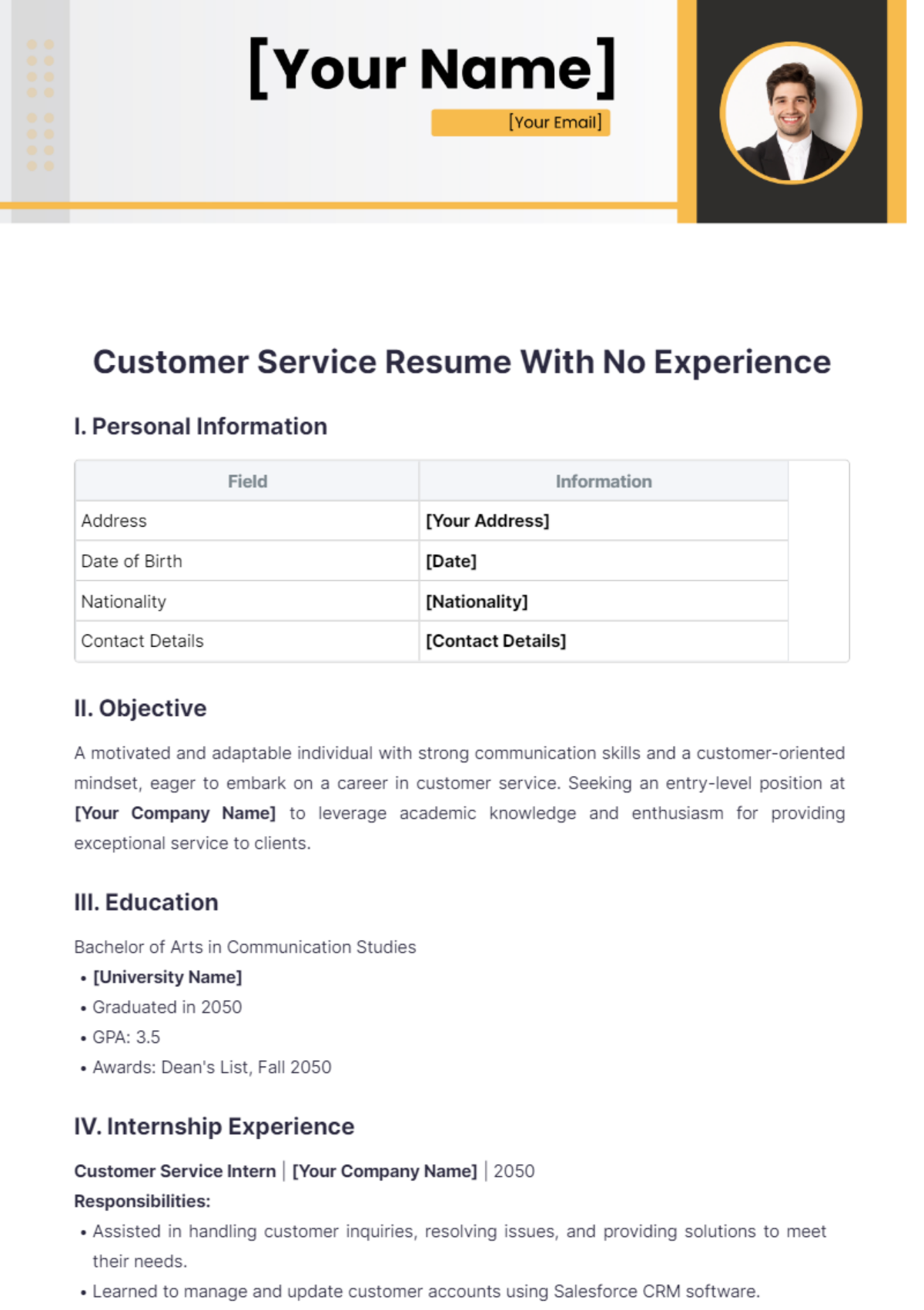 Customer Service Resume With No Experience - Edit Online & Download