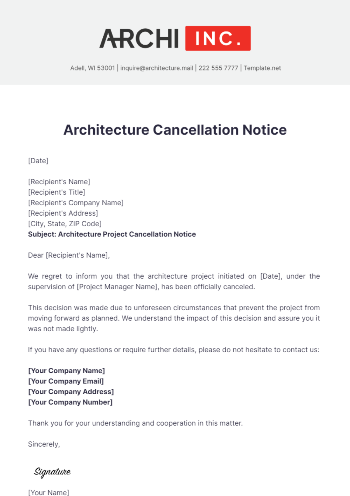 Free Architecture Cancellation Notice Template