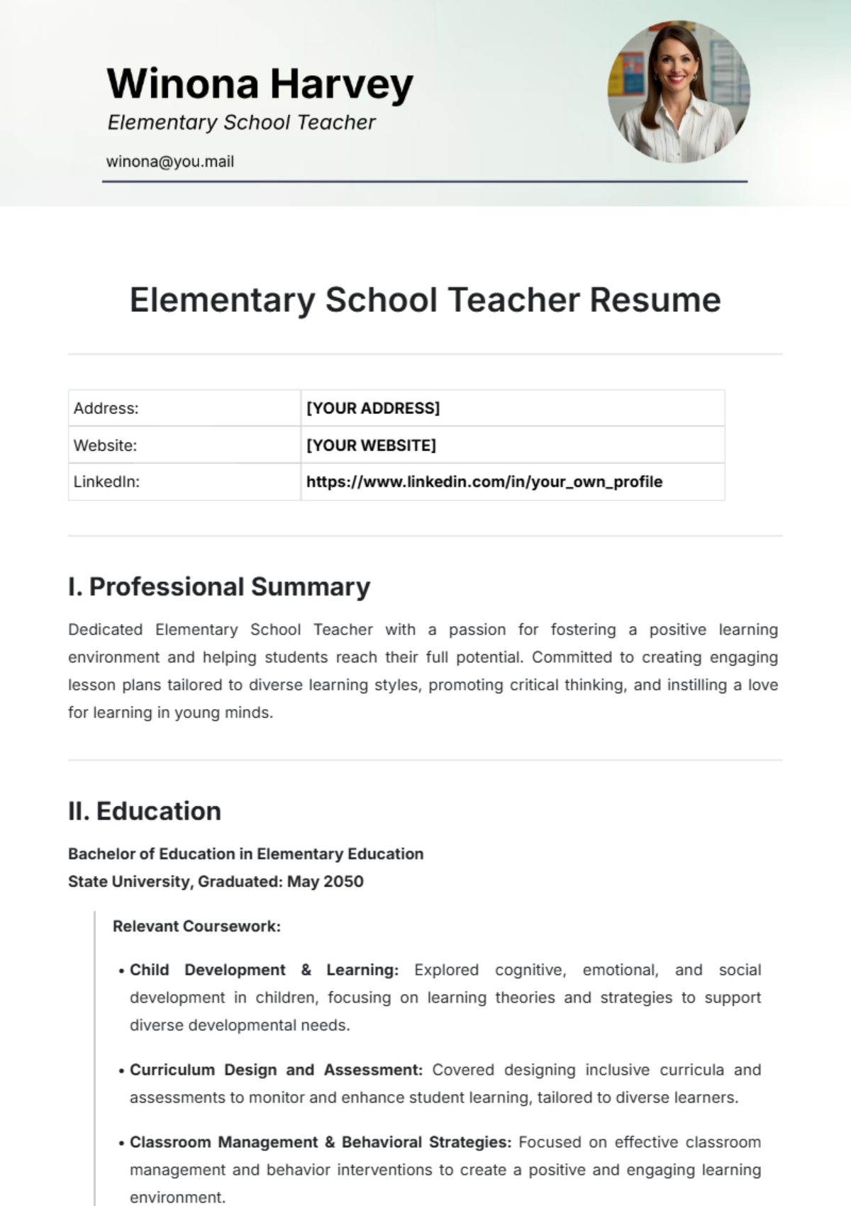 Elementary School Teacher Resume Template - Edit Online & Download