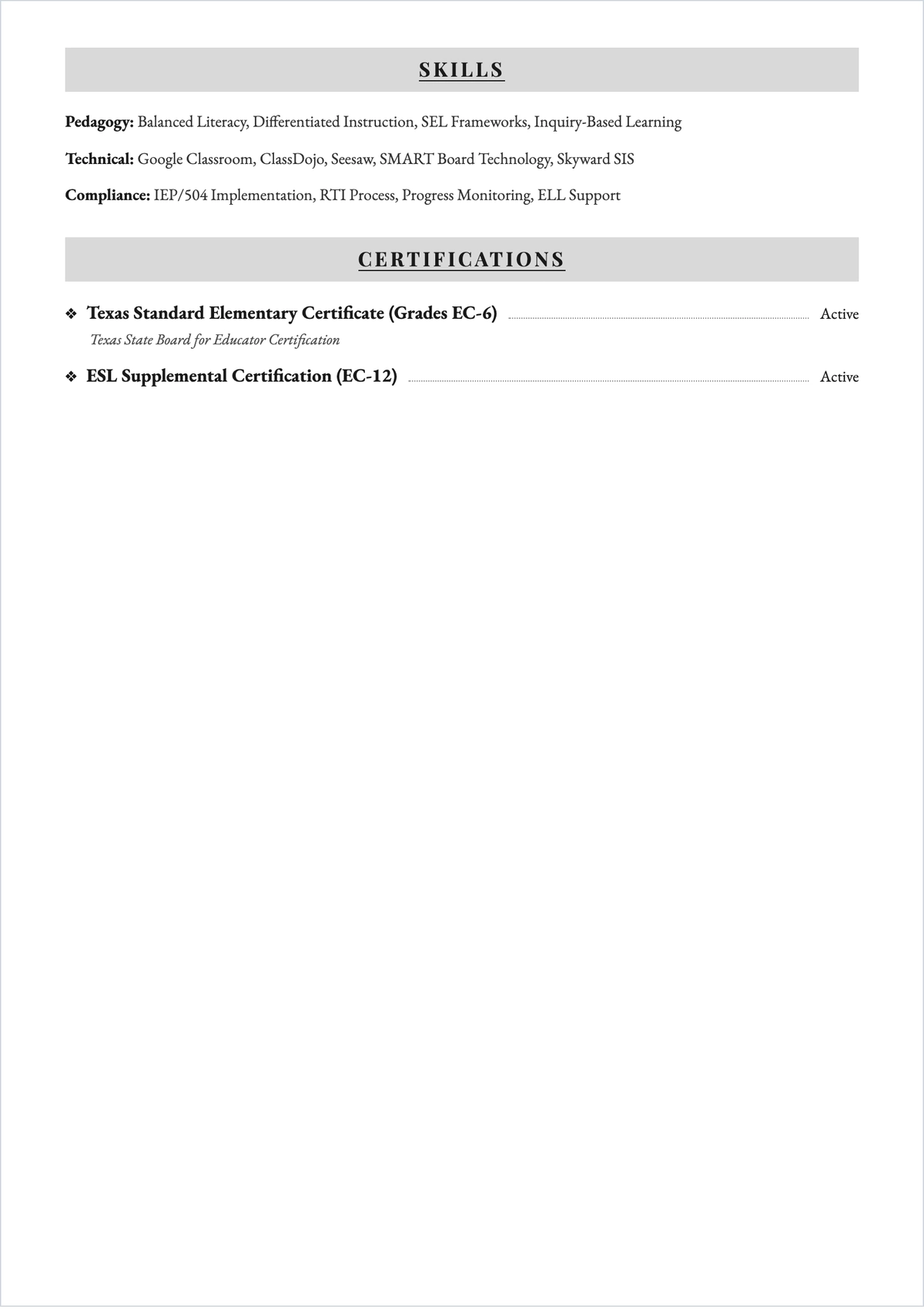 Free Elementary School Teacher ATS Resume Template, AI Resume Builder