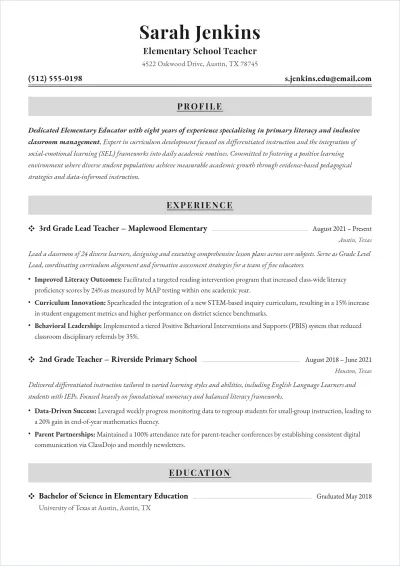 Free Elementary School Teacher ATS Resume Template, AI Resume Builder