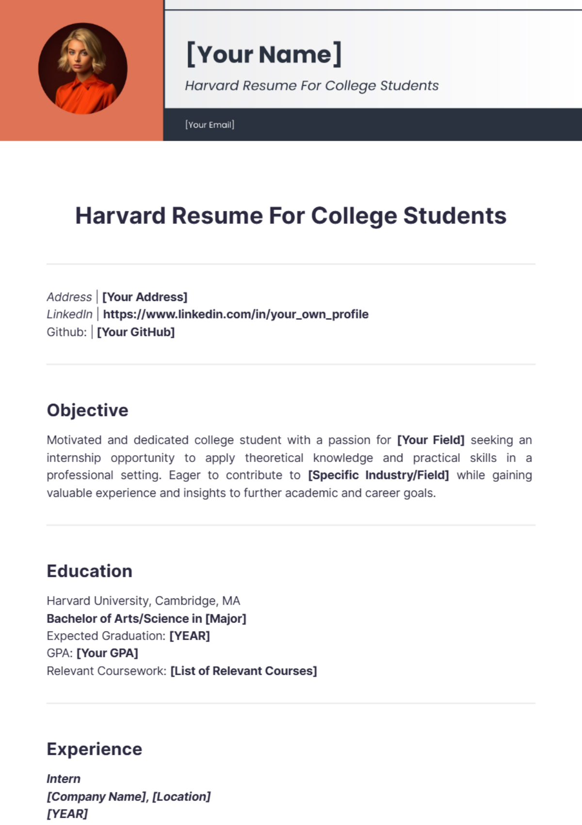 Harvard Resume Template For College Student - Edit Online & Download