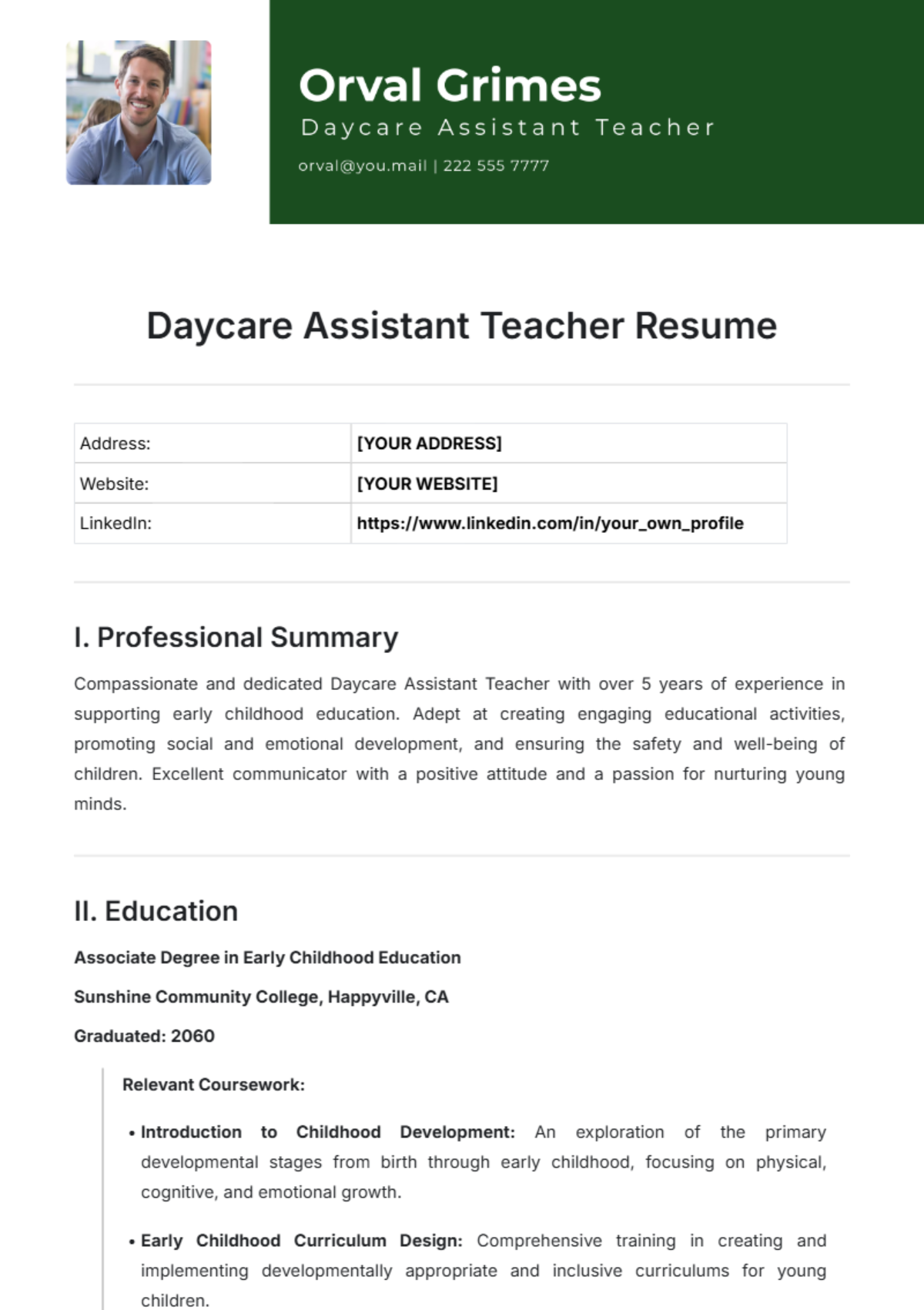 Daycare Assistant Teacher Resume Template - Edit Online & Download