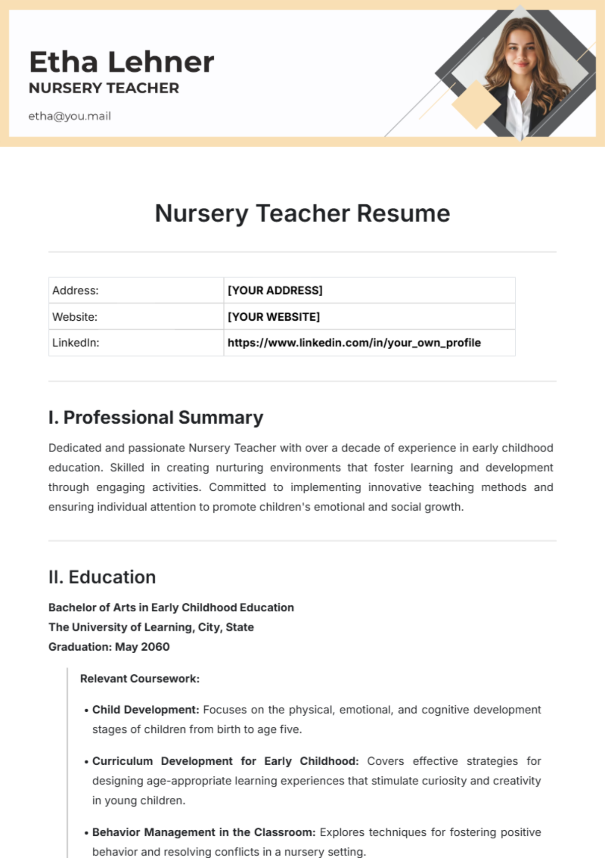 Nursery Teacher Resume Template - Edit Online & Download