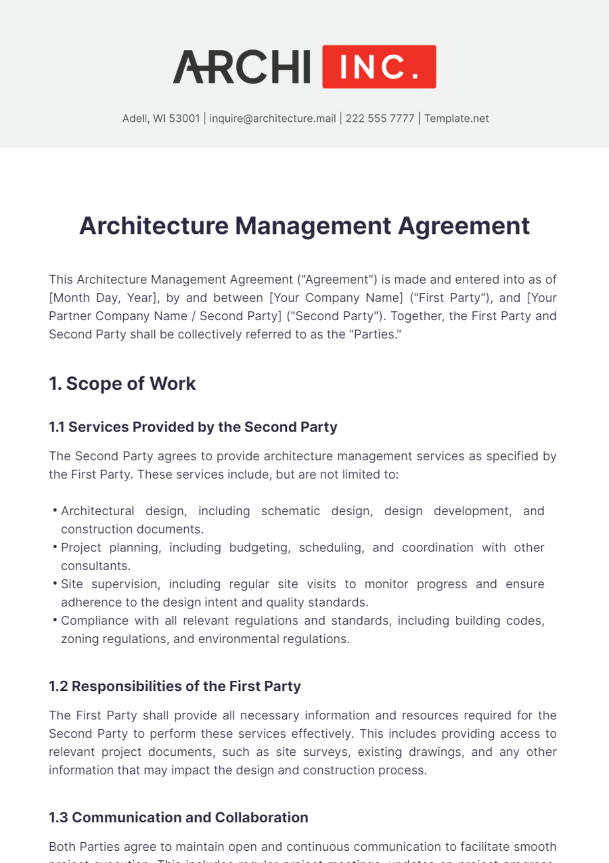 Architecture Management Agreement Template - Edit Online & Download