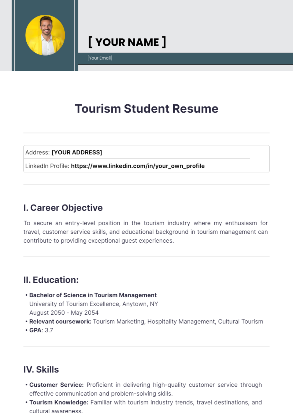 Tourism Student Resume