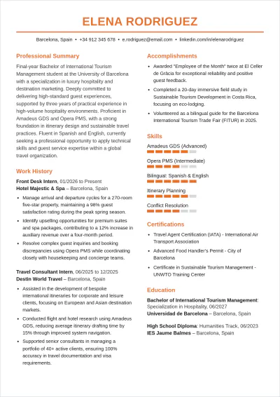 Free Tourism Student ATS Resume Template, AI Resume Builder