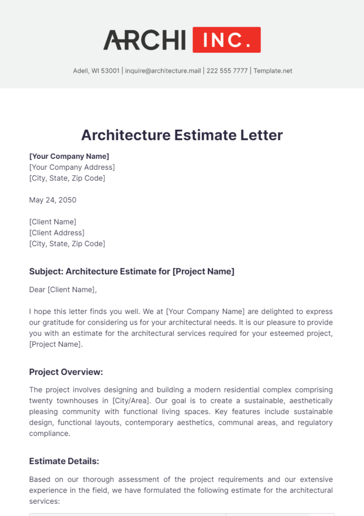 Architecture Estimate Letter Template - Edit Online & Download