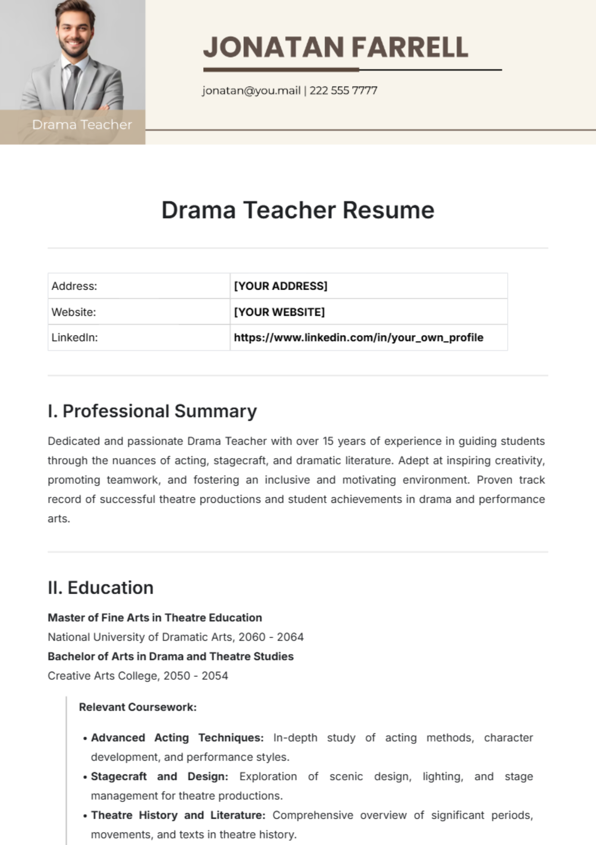 Drama Teacher Resume Template - Edit Online & Download