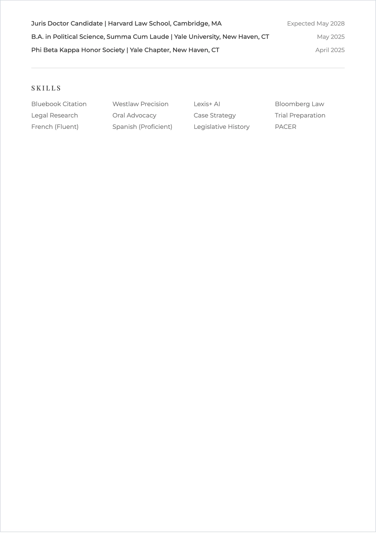 Free Harvard Law Student ATS Resume Template, AI Resume Builder