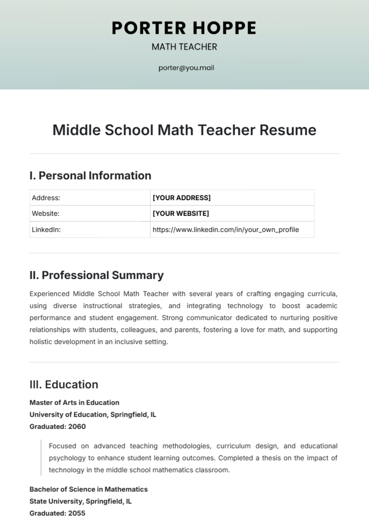 Middle School Math Teacher Resume Template - Edit Online & Download