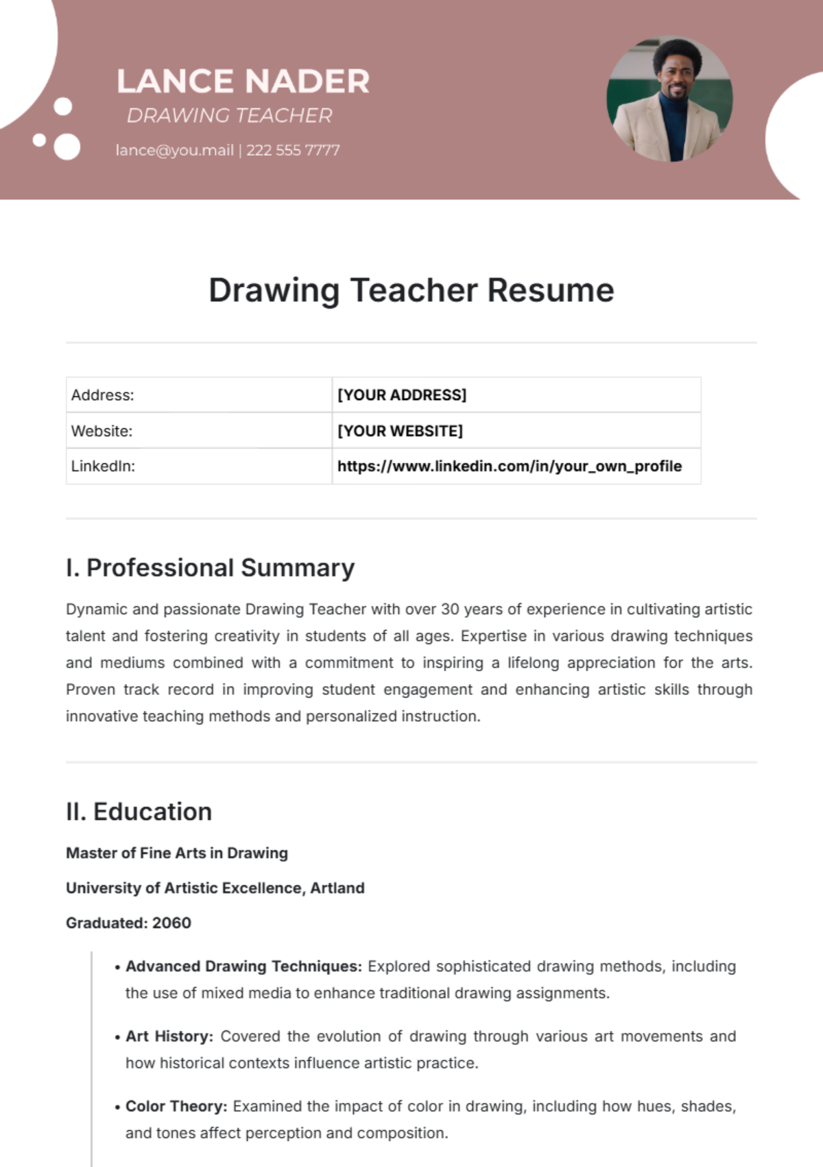 Drawing Teacher Resume Template - Edit Online & Download