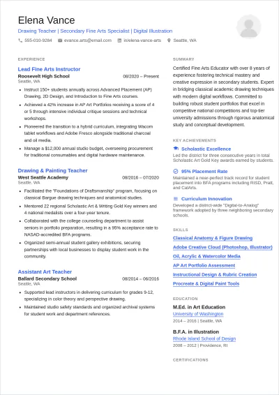 Free Drawing Teacher ATS Resume Template, AI Resume Builder