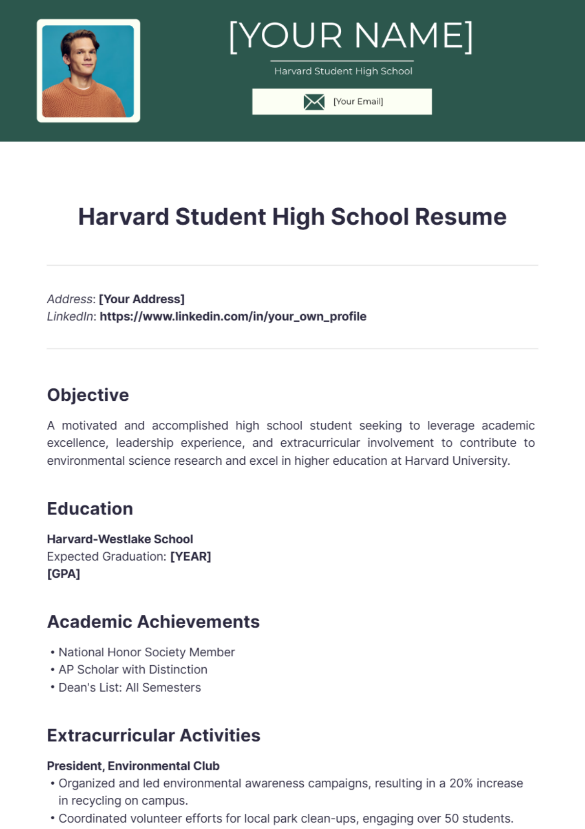 Harvard Student High School Resume - Edit Online & Download