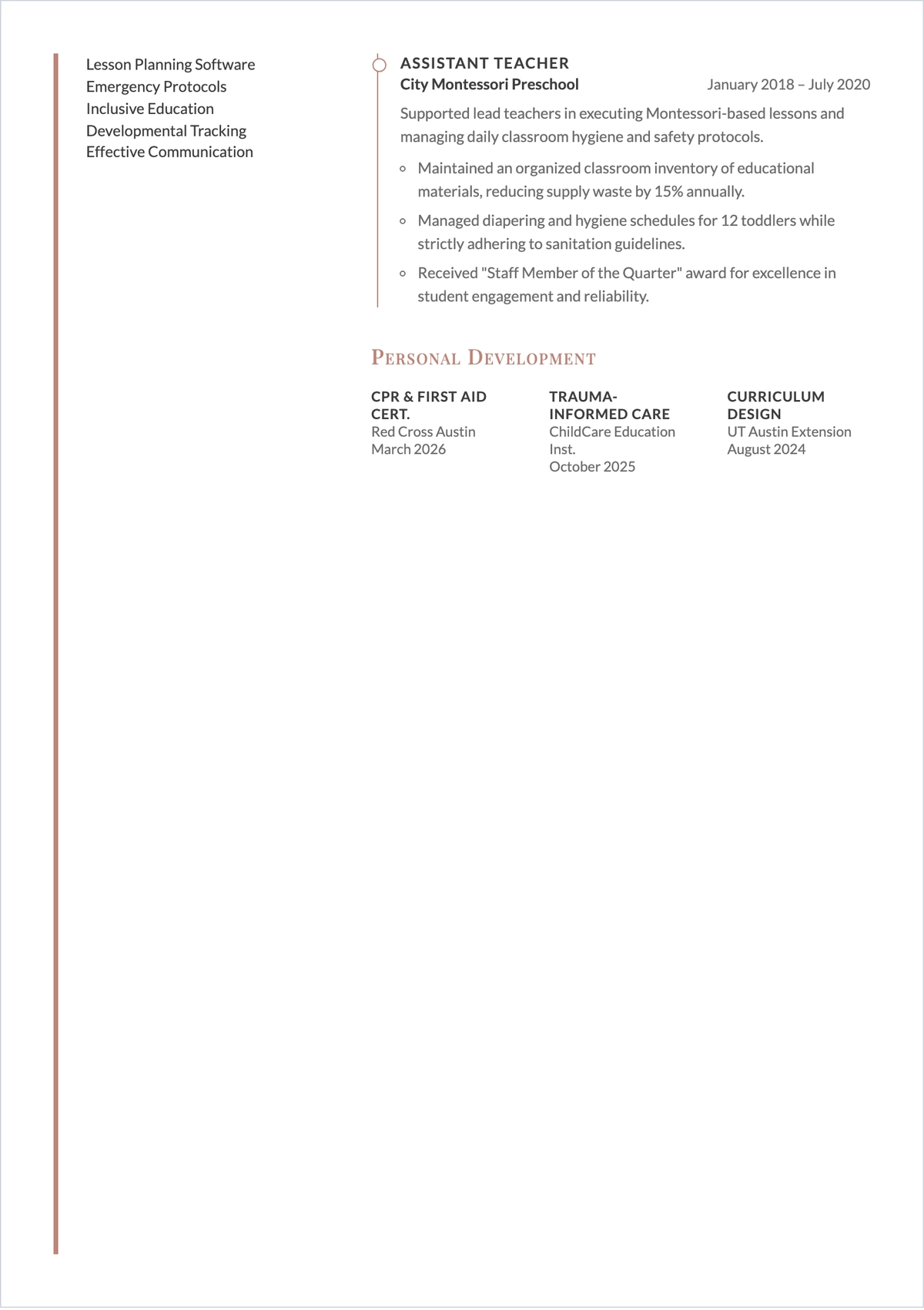 Free Daycare Teacher ATS Resume Template, AI Resume Builder