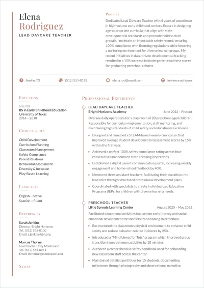 Free Daycare Teacher ATS Resume Template, AI Resume Builder