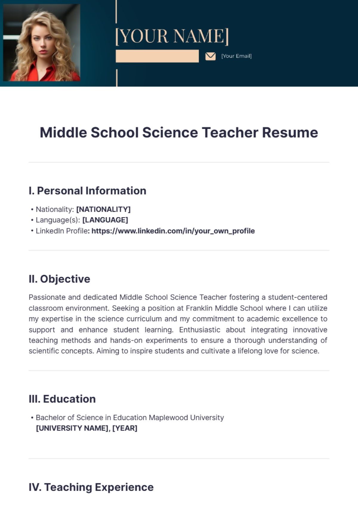 Middle School Science Teacher Resume - Edit Online & Download Example ...