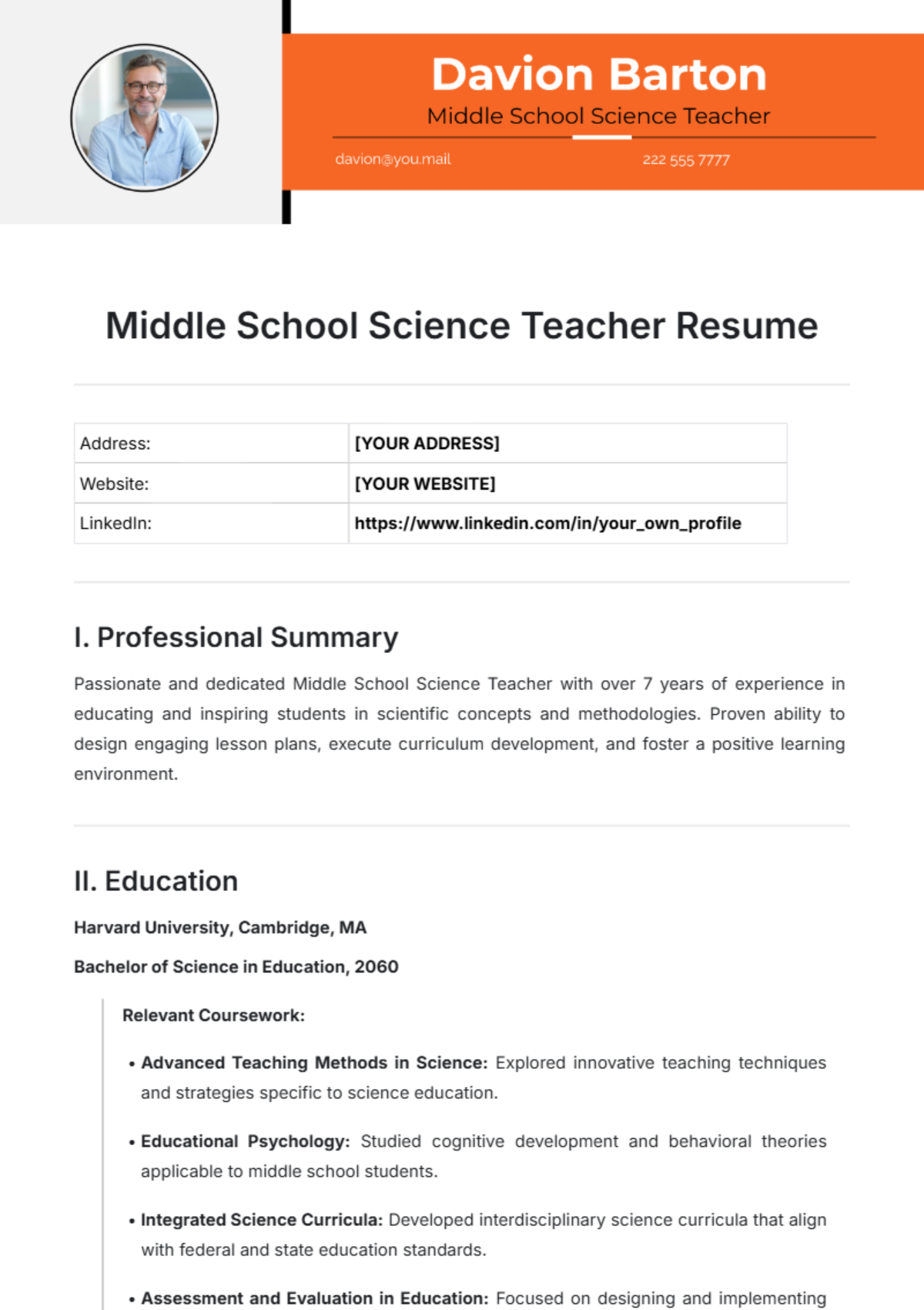 Middle School Science Teacher Resume Template - Edit Online & Download