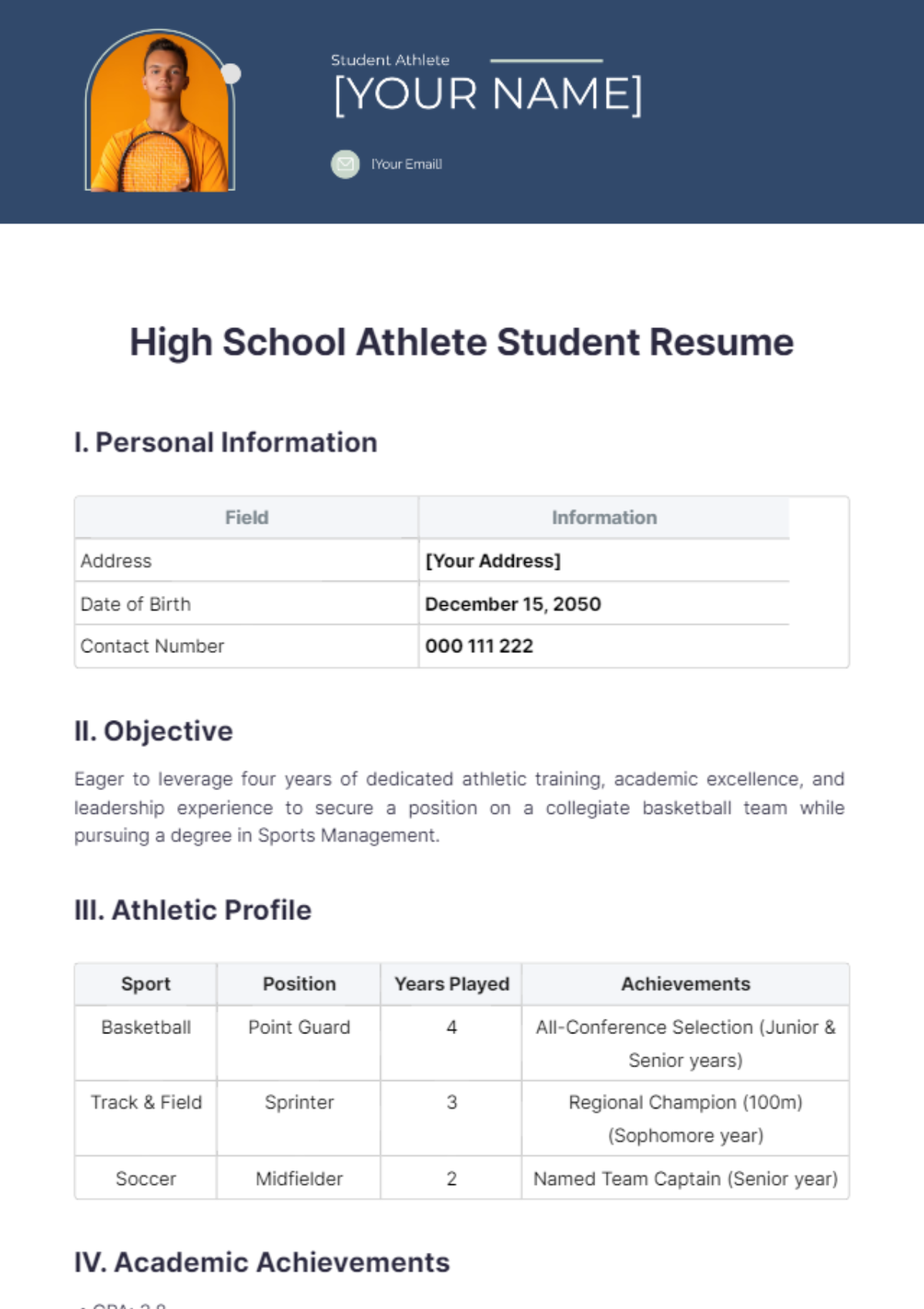 High School Athlete Student Resume Templates - Edit Online & Download ...