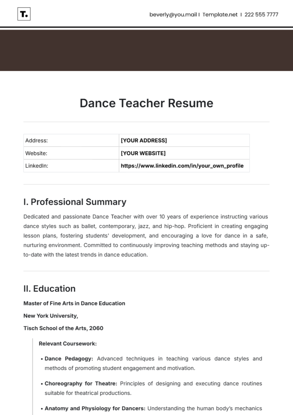 Dance Teacher Resume Template - Edit Online & Download