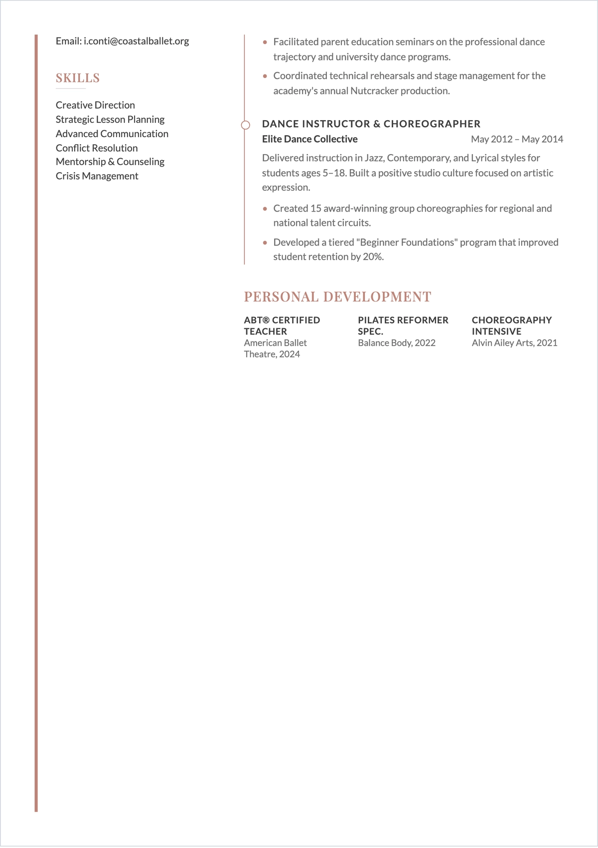 Free Dance Teacher ATS Resume Template, AI Resume Builder