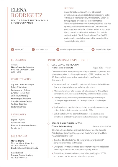 Free Dance Teacher ATS Resume Template, AI Resume Builder